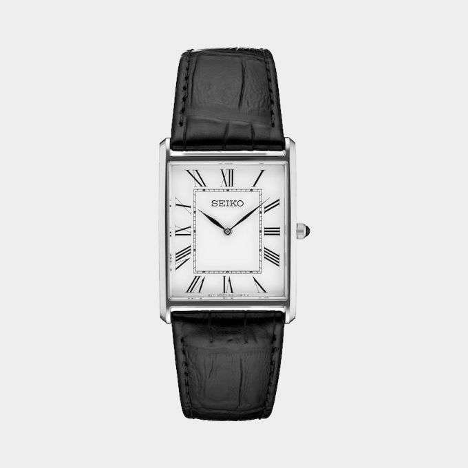 Seiko Rectangular Watch for Men with Black Leather Strap